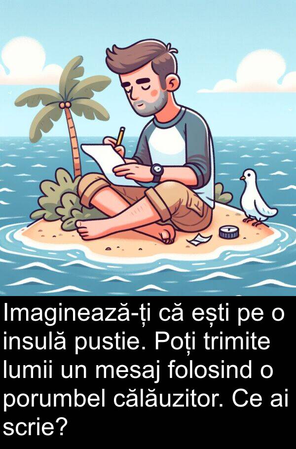 călăuzitor: Imaginează-ți că ești pe o insulă pustie. Poți trimite lumii un mesaj folosind o porumbel călăuzitor. Ce ai scrie?