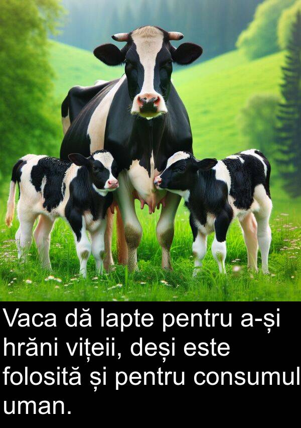 hrăni: Vaca dă lapte pentru a-și hrăni vițeii, deși este folosită și pentru consumul uman.