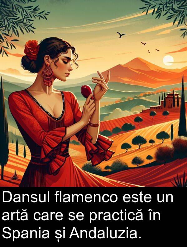 practică: Dansul flamenco este un artă care se practică în Spania și Andaluzia.