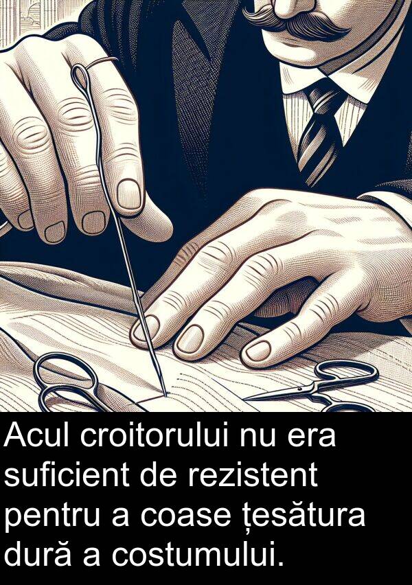 țesătura: Acul croitorului nu era suficient de rezistent pentru a coase țesătura dură a costumului.