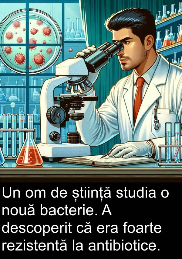 știință: Un om de știință studia o nouă bacterie. A descoperit că era foarte rezistentă la antibiotice.