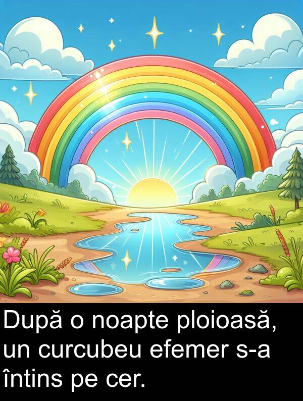 efemer: După o noapte ploioasă, un curcubeu efemer s-a întins pe cer.