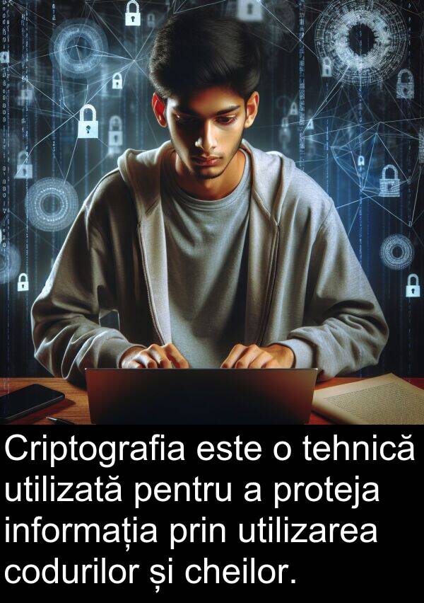 tehnică: Criptografia este o tehnică utilizată pentru a proteja informația prin utilizarea codurilor și cheilor.