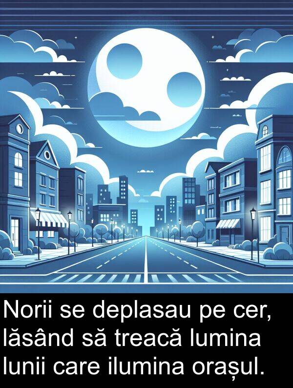 ilumina: Norii se deplasau pe cer, lăsând să treacă lumina lunii care ilumina orașul.