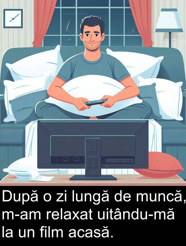 acasă: După o zi lungă de muncă, m-am relaxat uitându-mă la un film acasă.