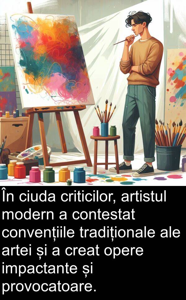 impactante: În ciuda criticilor, artistul modern a contestat convențiile tradiționale ale artei și a creat opere impactante și provocatoare.