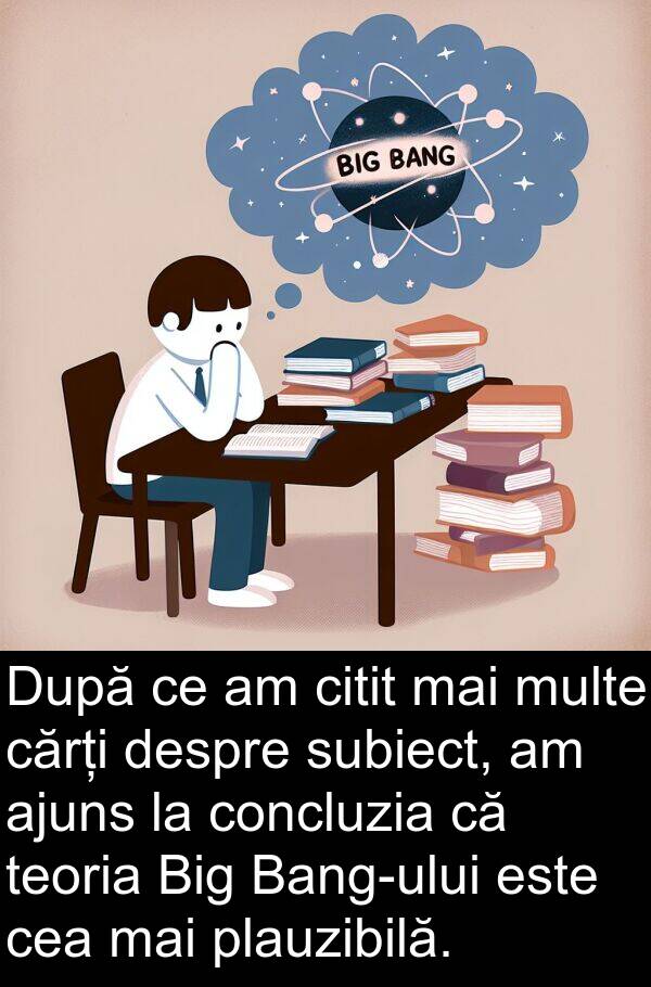 subiect: După ce am citit mai multe cărți despre subiect, am ajuns la concluzia că teoria Big Bang-ului este cea mai plauzibilă.