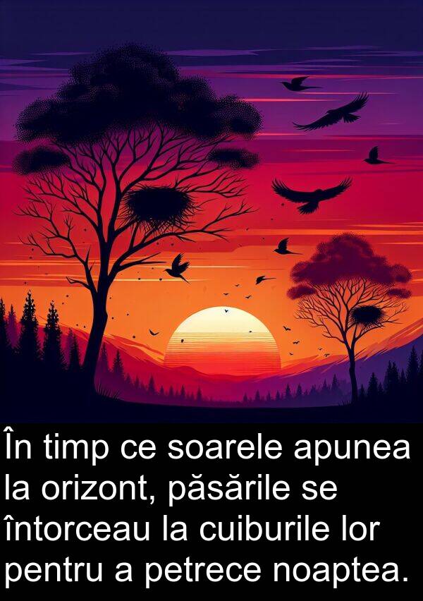 orizont: În timp ce soarele apunea la orizont, păsările se întorceau la cuiburile lor pentru a petrece noaptea.