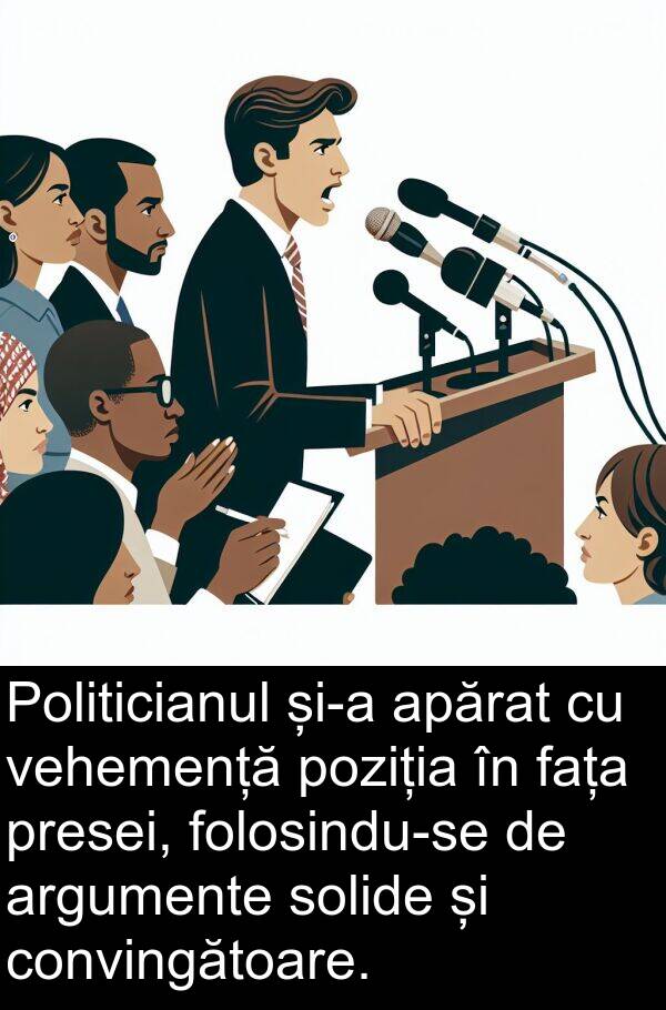 vehemență: Politicianul și-a apărat cu vehemență poziția în fața presei, folosindu-se de argumente solide și convingătoare.