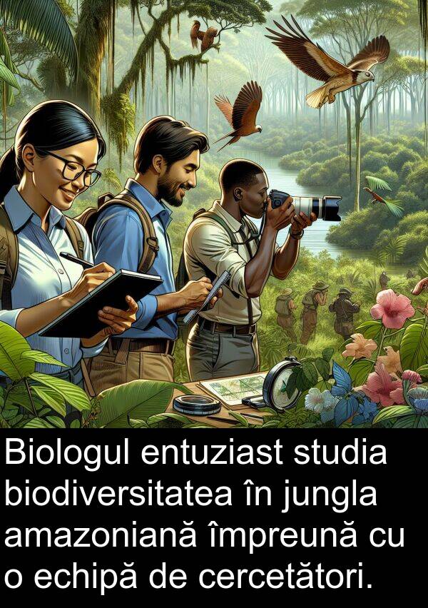 jungla: Biologul entuziast studia biodiversitatea în jungla amazoniană împreună cu o echipă de cercetători.