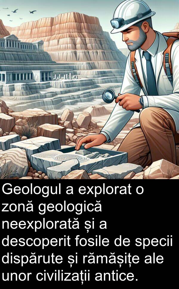 neexplorată: Geologul a explorat o zonă geologică neexplorată și a descoperit fosile de specii dispărute și rămășițe ale unor civilizații antice.