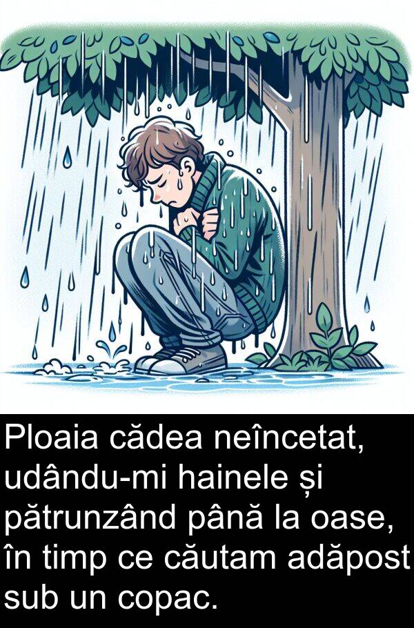 hainele: Ploaia cădea neîncetat, udându-mi hainele și pătrunzând până la oase, în timp ce căutam adăpost sub un copac.