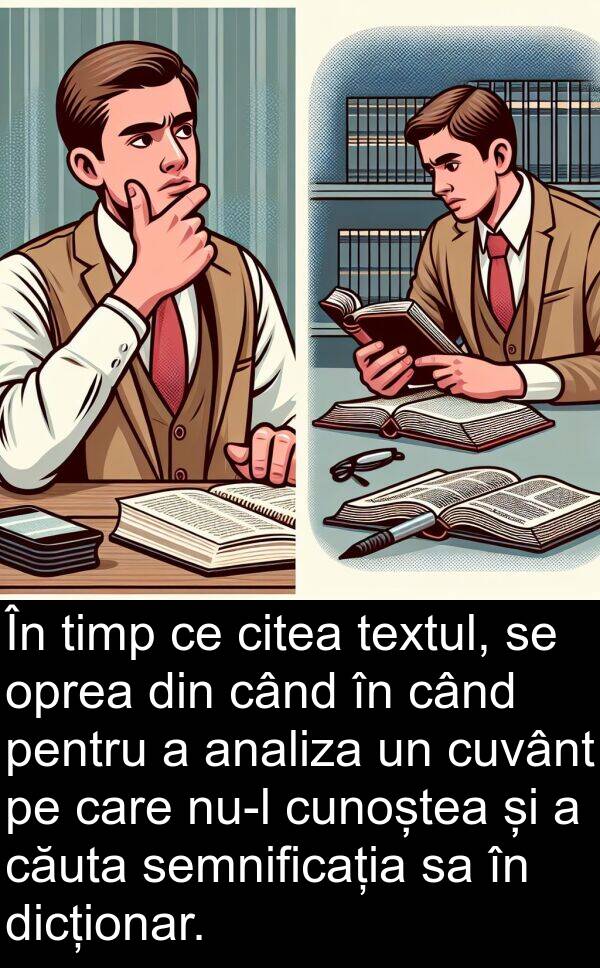 dicționar: În timp ce citea textul, se oprea din când în când pentru a analiza un cuvânt pe care nu-l cunoștea și a căuta semnificația sa în dicționar.