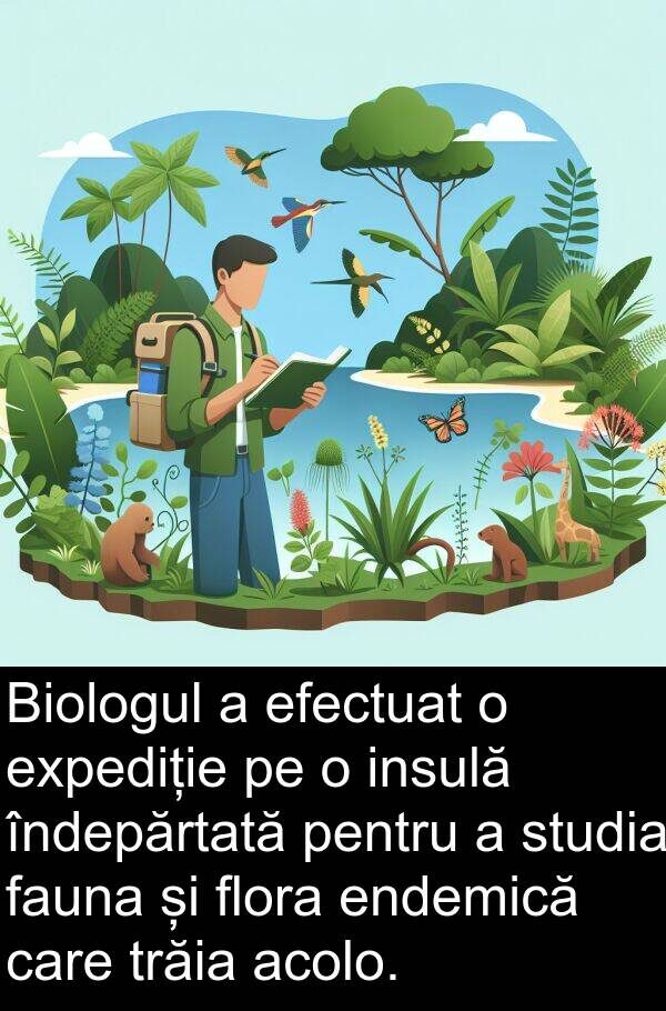 expediție: Biologul a efectuat o expediție pe o insulă îndepărtată pentru a studia fauna și flora endemică care trăia acolo.