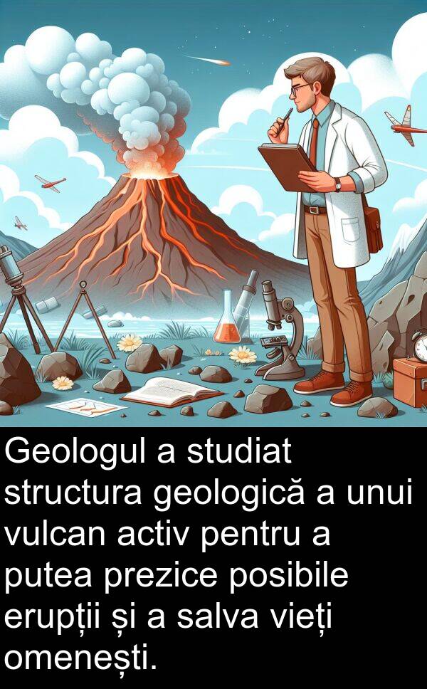 unui: Geologul a studiat structura geologică a unui vulcan activ pentru a putea prezice posibile erupții și a salva vieți omenești.