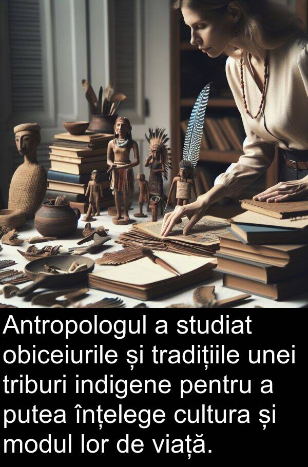 obiceiurile: Antropologul a studiat obiceiurile și tradițiile unei triburi indigene pentru a putea înțelege cultura și modul lor de viață.