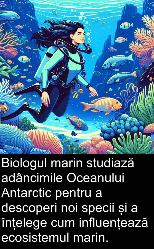 ecosistemul: Biologul marin studiază adâncimile Oceanului Antarctic pentru a descoperi noi specii și a înțelege cum influențează ecosistemul marin.