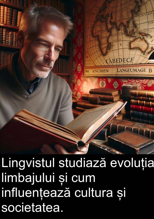 societatea: Lingvistul studiază evoluția limbajului și cum influențează cultura și societatea.