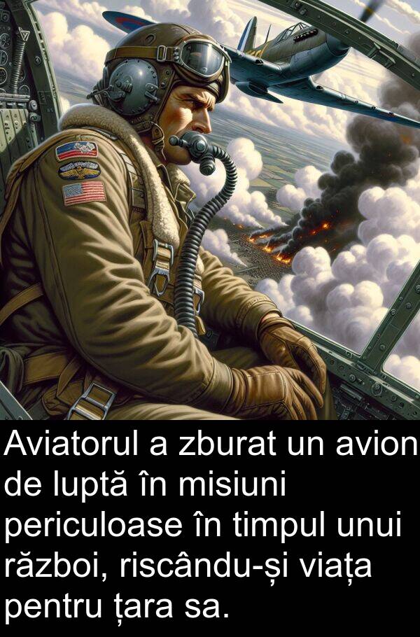 zburat: Aviatorul a zburat un avion de luptă în misiuni periculoase în timpul unui război, riscându-și viața pentru țara sa.