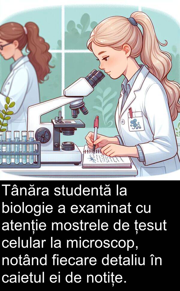 țesut: Tânăra studentă la biologie a examinat cu atenție mostrele de țesut celular la microscop, notând fiecare detaliu în caietul ei de notițe.