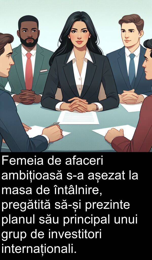 internaționali: Femeia de afaceri ambițioasă s-a așezat la masa de întâlnire, pregătită să-și prezinte planul său principal unui grup de investitori internaționali.