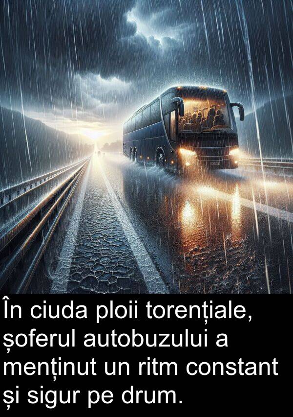 șoferul: În ciuda ploii torențiale, șoferul autobuzului a menținut un ritm constant și sigur pe drum.