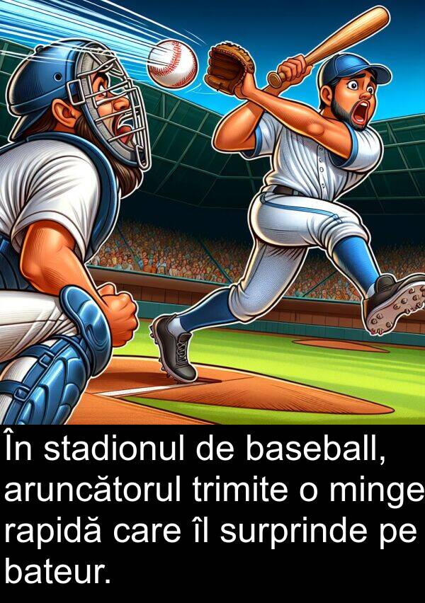 bateur: În stadionul de baseball, aruncătorul trimite o minge rapidă care îl surprinde pe bateur.