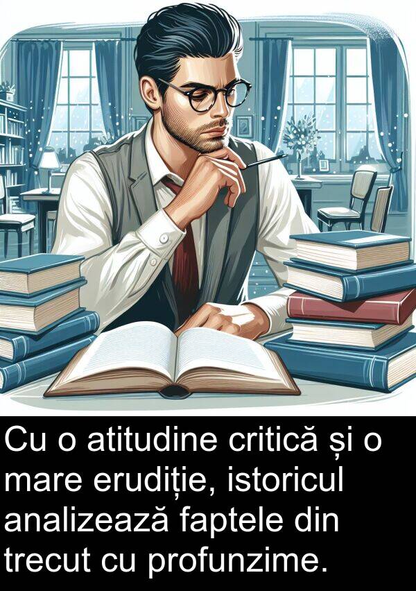 faptele: Cu o atitudine critică și o mare erudiție, istoricul analizează faptele din trecut cu profunzime.