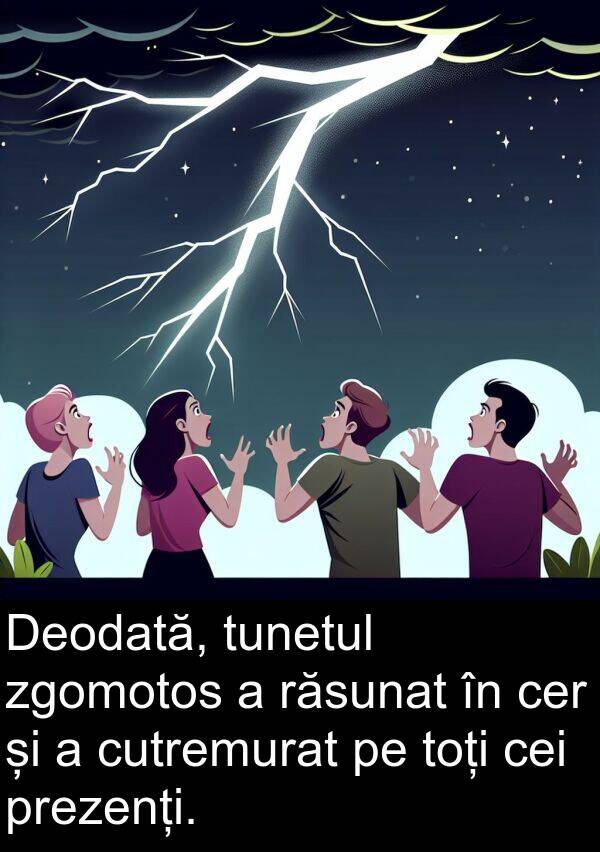 prezenți: Deodată, tunetul zgomotos a răsunat în cer și a cutremurat pe toți cei prezenți.