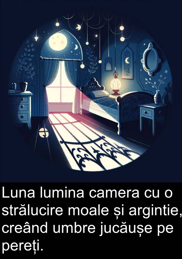 jucăușe: Luna lumina camera cu o strălucire moale și argintie, creând umbre jucăușe pe pereți.