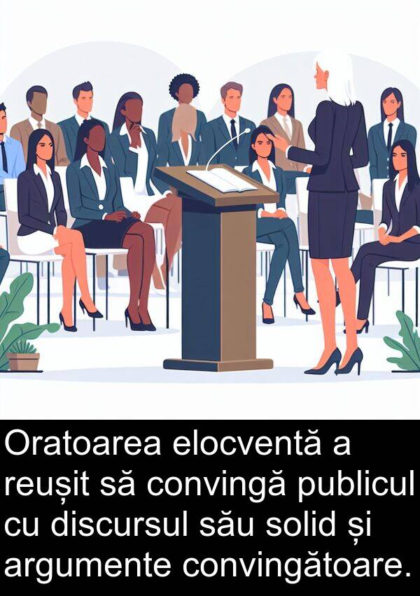 discursul: Oratoarea elocventă a reușit să convingă publicul cu discursul său solid și argumente convingătoare.