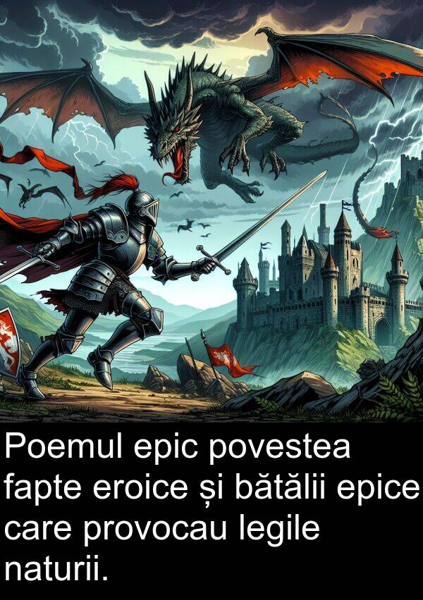 fapte: Poemul epic povestea fapte eroice și bătălii epice care provocau legile naturii.