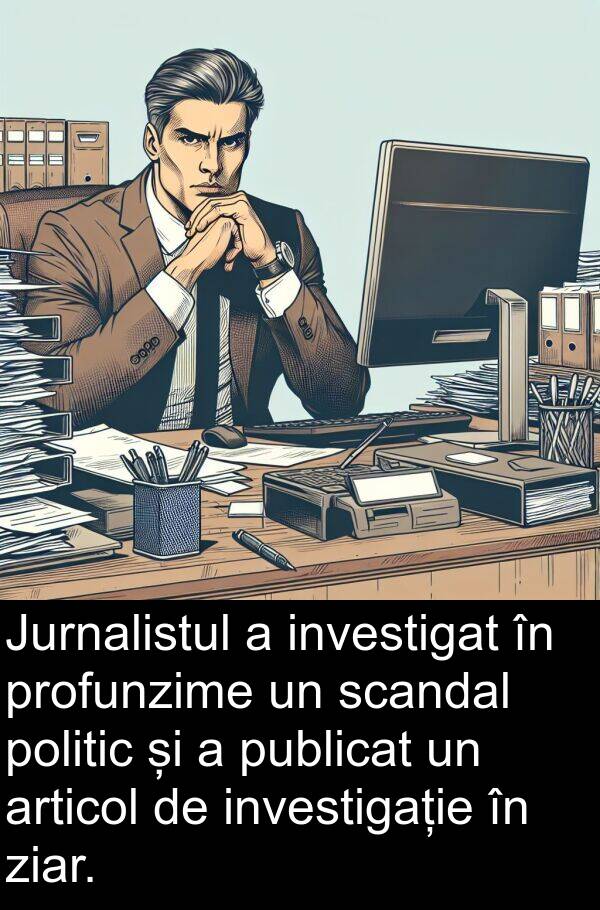 ziar: Jurnalistul a investigat în profunzime un scandal politic și a publicat un articol de investigație în ziar.