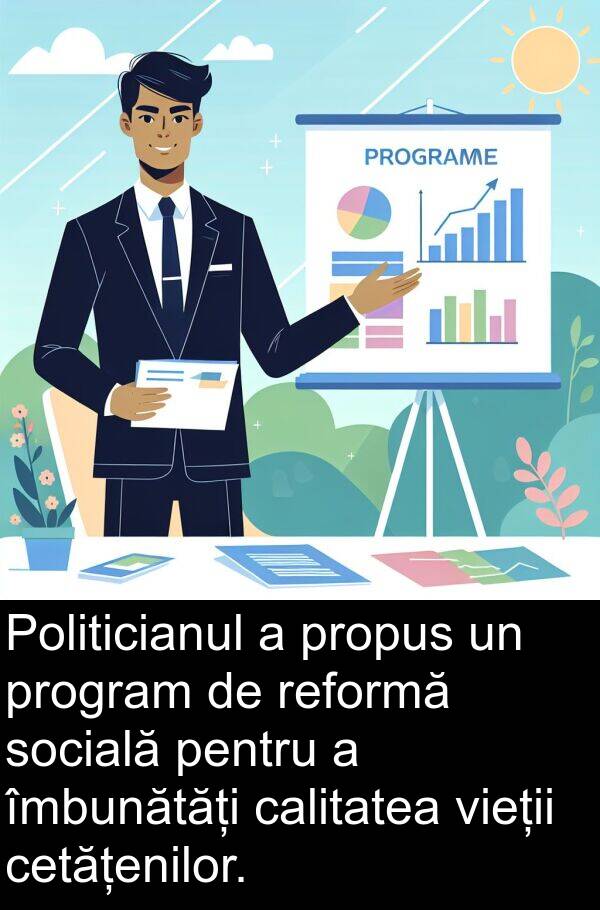 calitatea: Politicianul a propus un program de reformă socială pentru a îmbunătăți calitatea vieții cetățenilor.