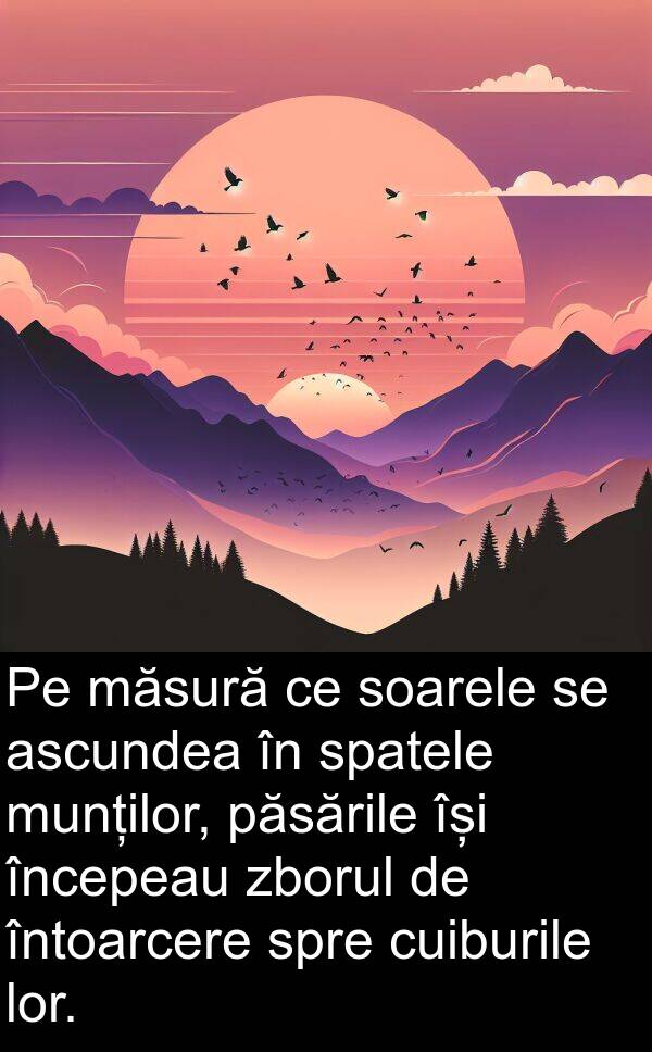 zborul: Pe măsură ce soarele se ascundea în spatele munților, păsările își începeau zborul de întoarcere spre cuiburile lor.