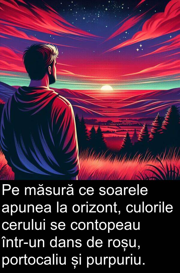 orizont: Pe măsură ce soarele apunea la orizont, culorile cerului se contopeau într-un dans de roșu, portocaliu și purpuriu.