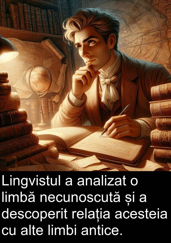 necunoscută: Lingvistul a analizat o limbă necunoscută și a descoperit relația acesteia cu alte limbi antice.