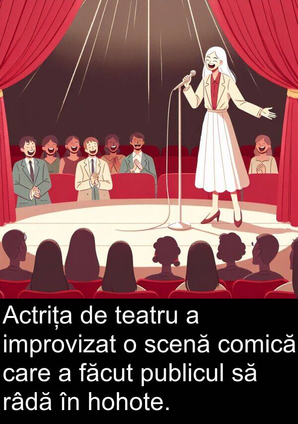 hohote: Actrița de teatru a improvizat o scenă comică care a făcut publicul să râdă în hohote.