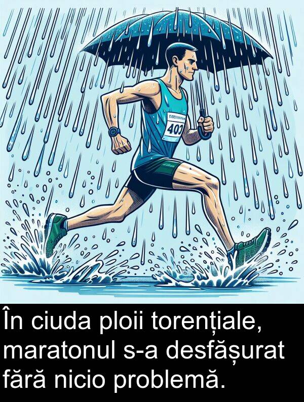 fără: În ciuda ploii torențiale, maratonul s-a desfășurat fără nicio problemă.