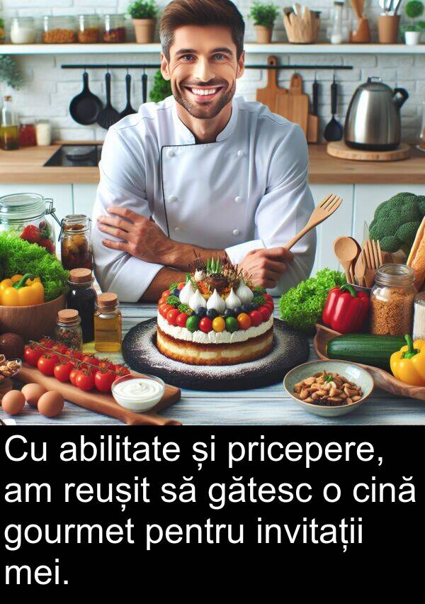 abilitate: Cu abilitate și pricepere, am reușit să gătesc o cină gourmet pentru invitații mei.