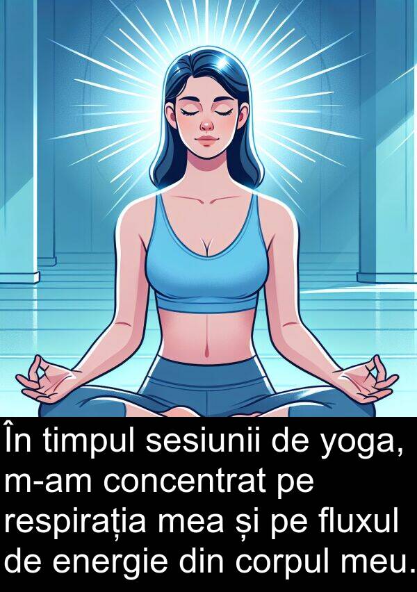 sesiunii: În timpul sesiunii de yoga, m-am concentrat pe respirația mea și pe fluxul de energie din corpul meu.