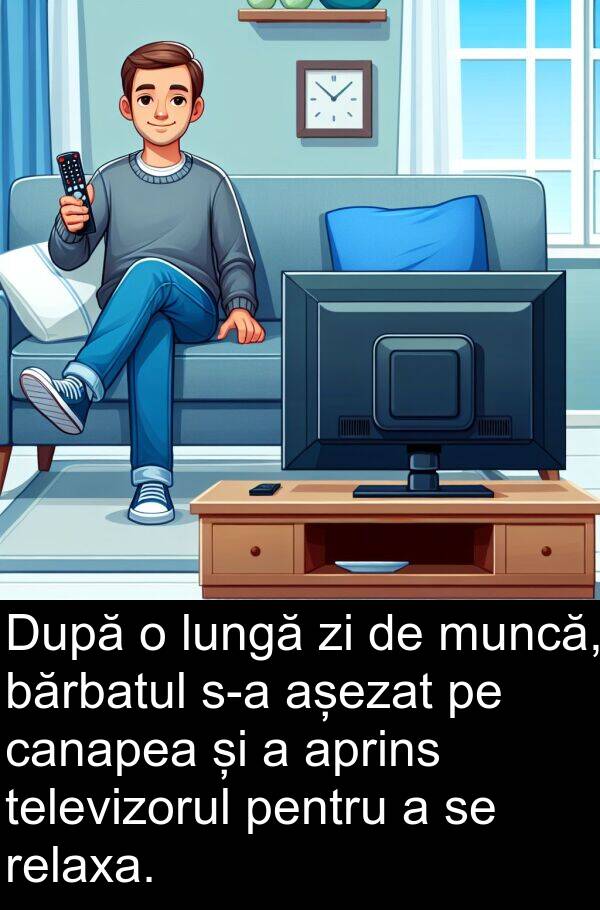 bărbatul: După o lungă zi de muncă, bărbatul s-a așezat pe canapea și a aprins televizorul pentru a se relaxa.