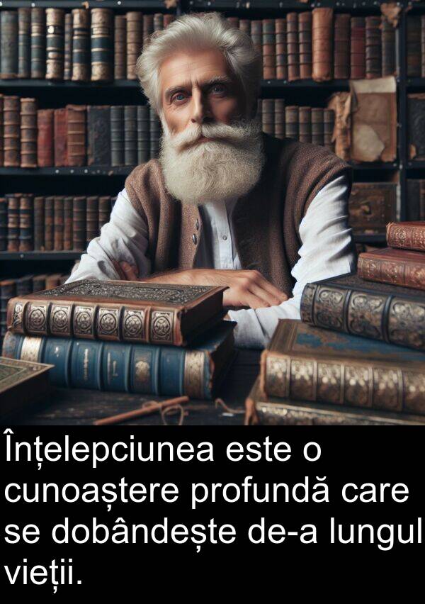 dobândește: Înțelepciunea este o cunoaștere profundă care se dobândește de-a lungul vieții.