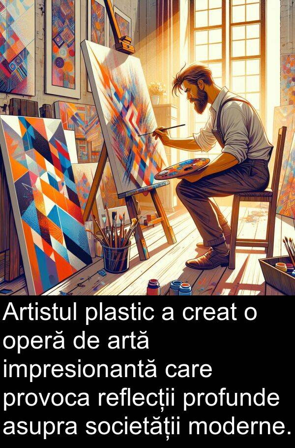 societății: Artistul plastic a creat o operă de artă impresionantă care provoca reflecții profunde asupra societății moderne.