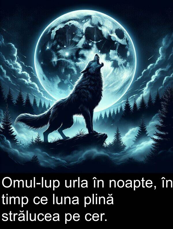 strălucea: Omul-lup urla în noapte, în timp ce luna plină strălucea pe cer.