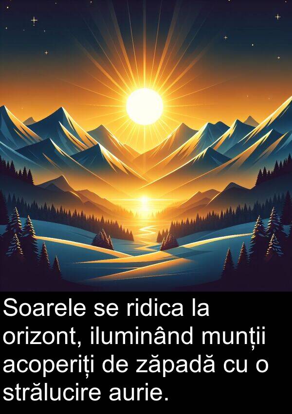 zăpadă: Soarele se ridica la orizont, iluminând munții acoperiți de zăpadă cu o strălucire aurie.