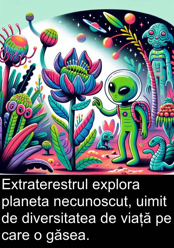 necunoscut: Extraterestrul explora planeta necunoscut, uimit de diversitatea de viață pe care o găsea.