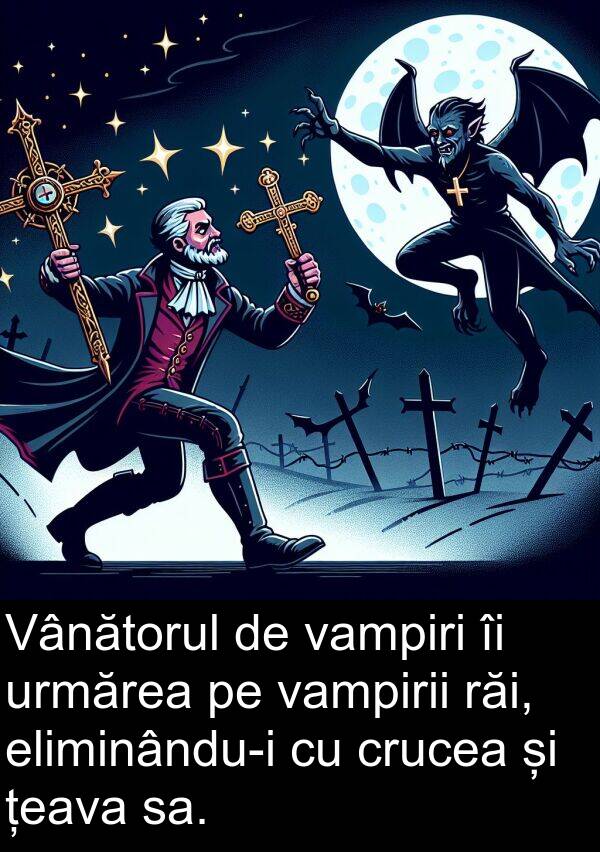 sa: Vânătorul de vampiri îi urmărea pe vampirii răi, eliminându-i cu crucea și țeava sa.