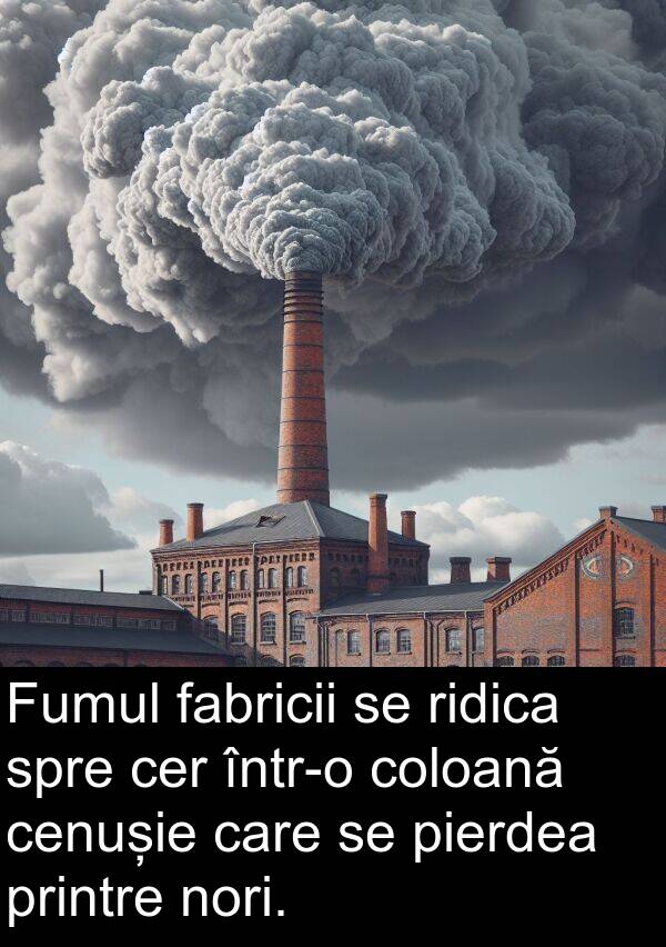 fabricii: Fumul fabricii se ridica spre cer într-o coloană cenușie care se pierdea printre nori.