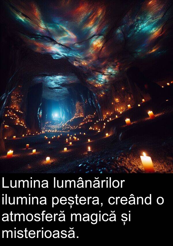 ilumina: Lumina lumânărilor ilumina peștera, creând o atmosferă magică și misterioasă.